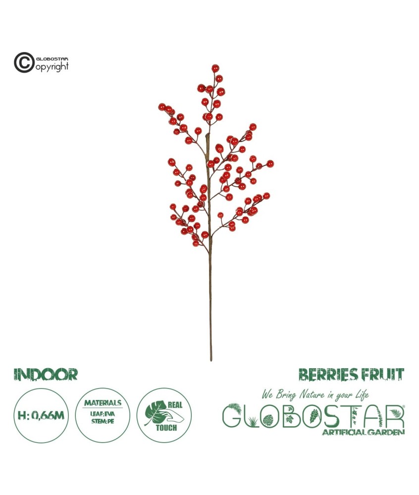 GloboStar® Artificial Garden RED BERRIES FRUIT BRANCH 21441 Τεχνητό Διακοσμητικό Κλαδί Κόκκινο Γκί Y66cm
